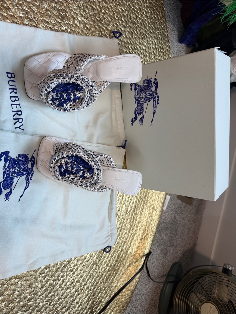 Burberry Cream & Blue Crochet Slide Mules